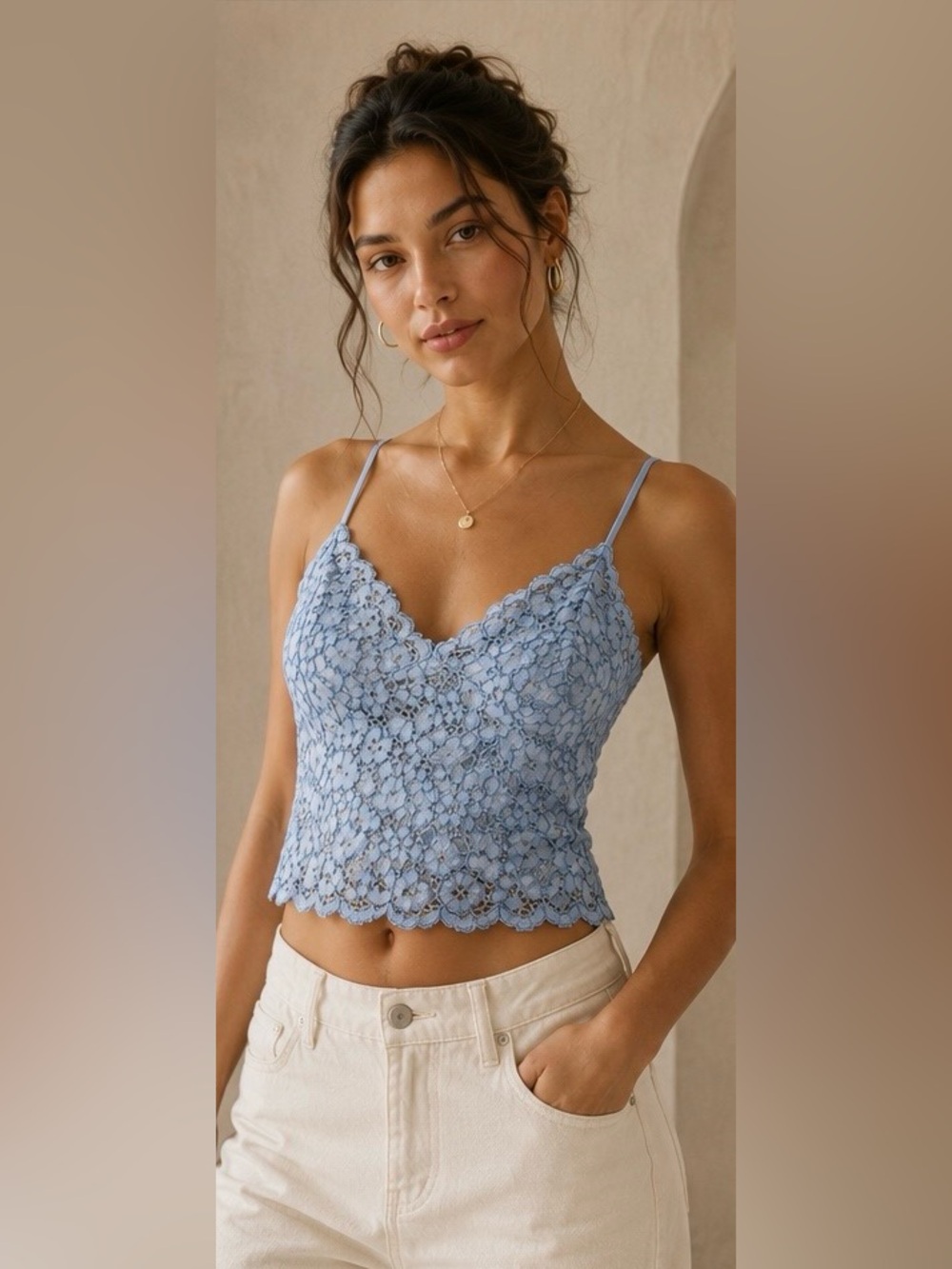 Express Lace Cami Crop Top Womens S Light Blue Floral Scalloped Sleeveless